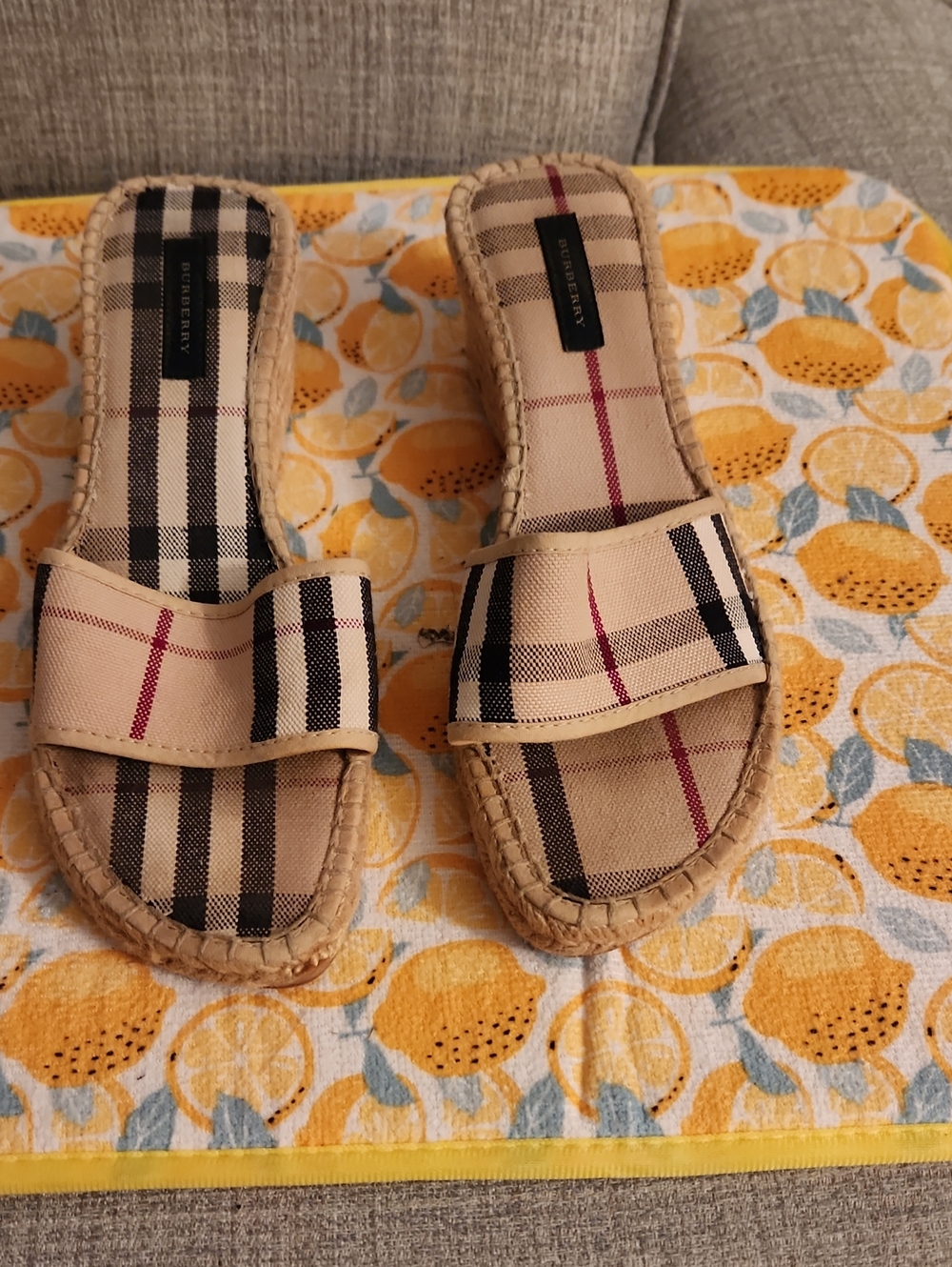 Burberry-Tan Plaid Slide Sandals - Women